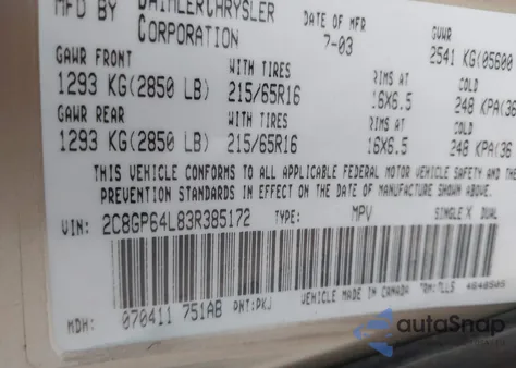 2003 Chrysler Town & Country Limited z USA, uszkodzony, nr VIN 2C8GP64L83R385172